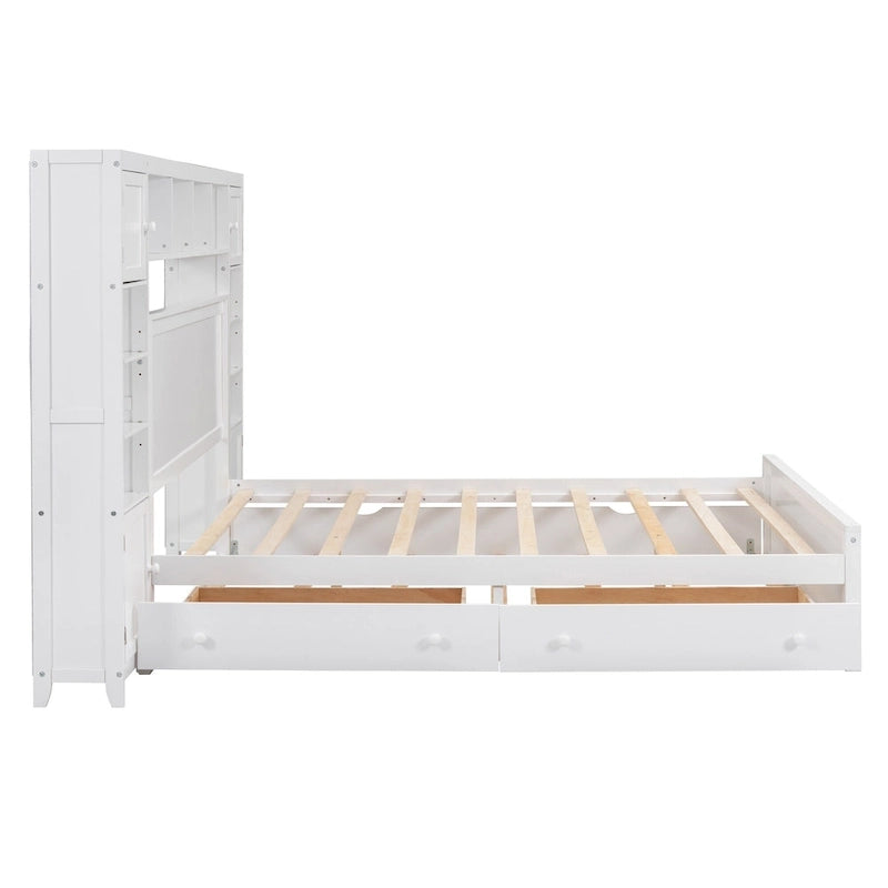 Cama Queen Size con almacenaje, nido, cajones y estantes en la cabecera, color espresso – Capacidad para 1–2 personas