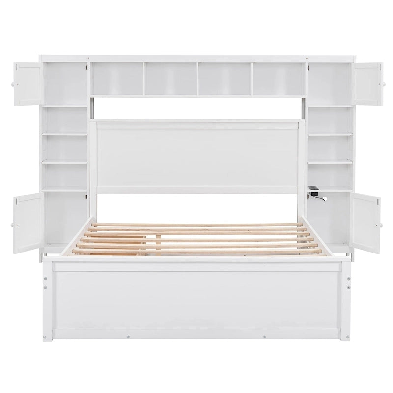 Cama Queen Size con almacenaje, nido, cajones y estantes en la cabecera, color espresso – Capacidad para 1–2 personas