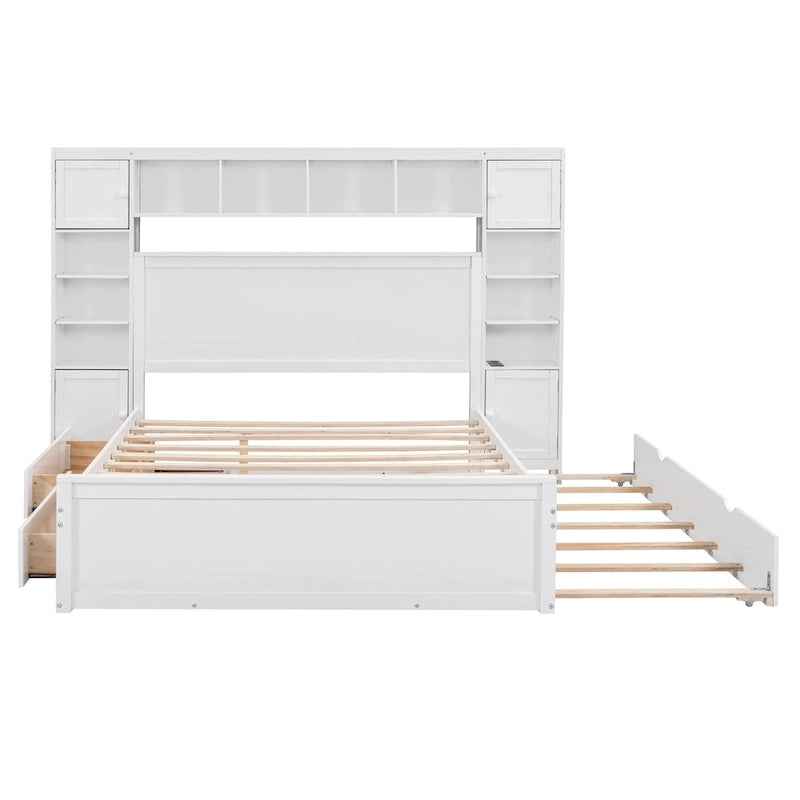 Cama Queen Size con almacenaje, nido, cajones y estantes en la cabecera, color espresso – Capacidad para 1–2 personas