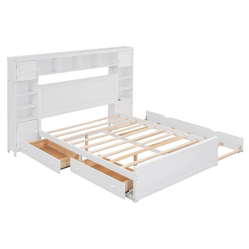 Cama Queen Size con almacenaje, nido, cajones y estantes en la cabecera, color espresso – Capacidad para 1–2 personas