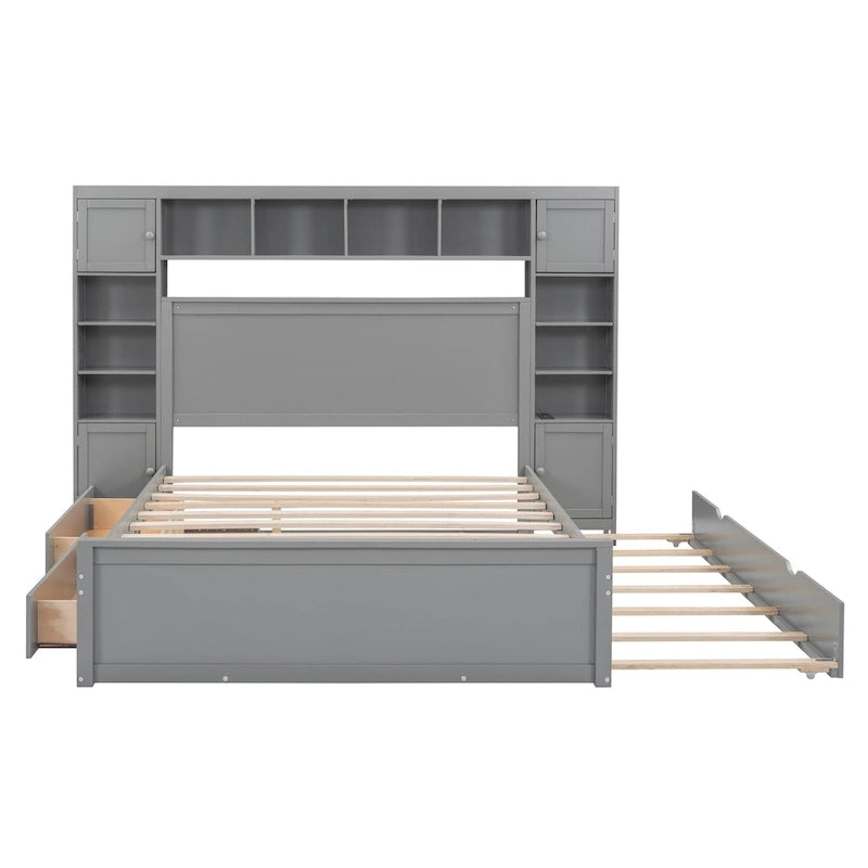 Cama Queen Size con almacenaje, nido, cajones y estantes en la cabecera, color espresso – Capacidad para 1–2 personas