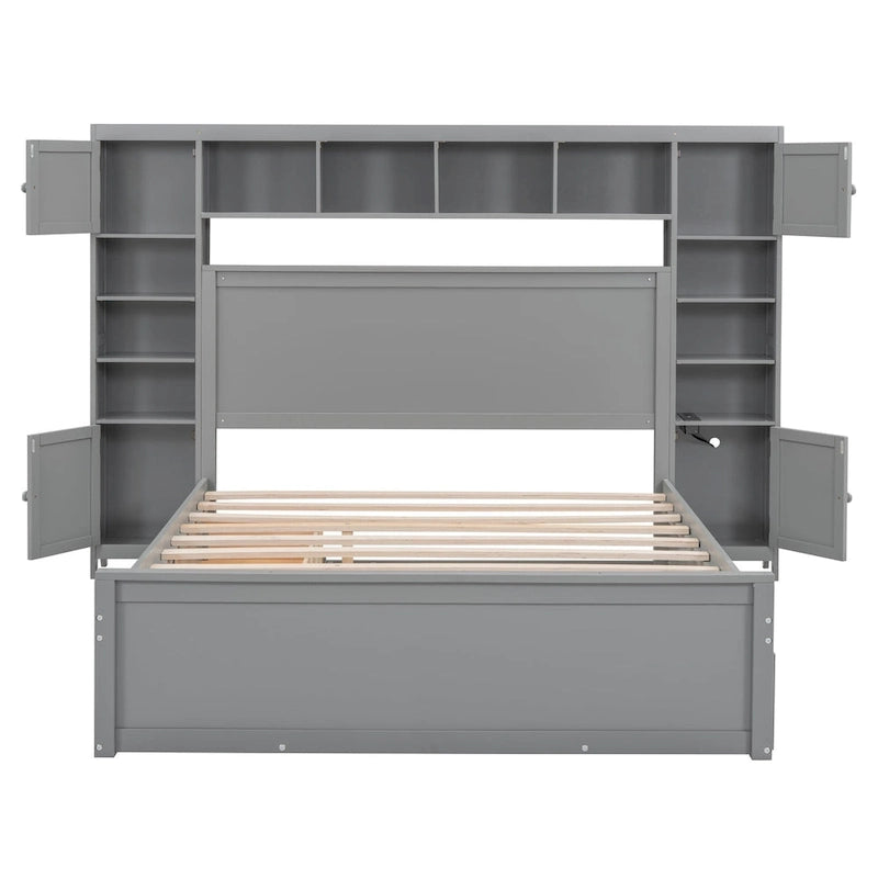 Cama Queen Size con almacenaje, nido, cajones y estantes en la cabecera, color espresso – Capacidad para 1–2 personas