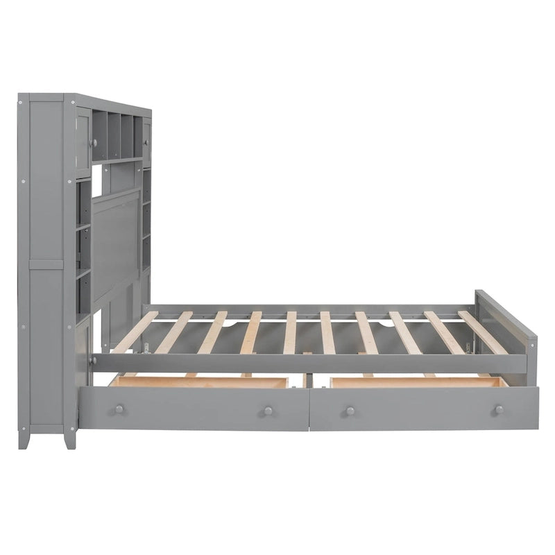 Cama Queen Size con almacenaje, nido, cajones y estantes en la cabecera, color espresso – Capacidad para 1–2 personas