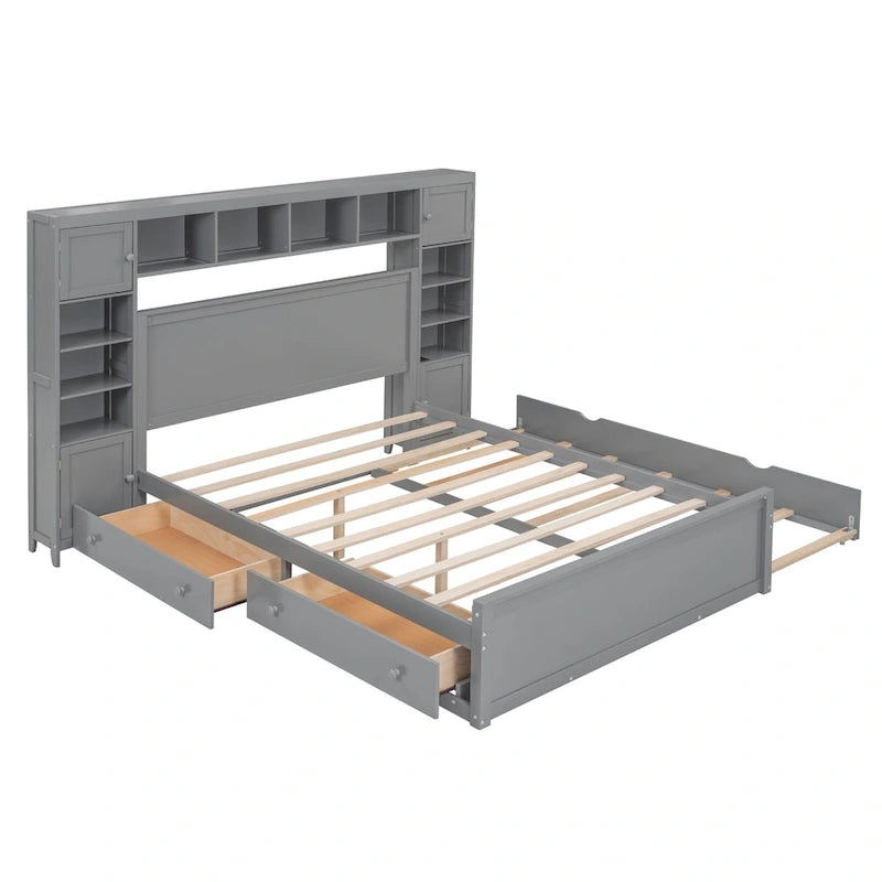Cama Queen Size con almacenaje, nido, cajones y estantes en la cabecera, color espresso – Capacidad para 1–2 personas