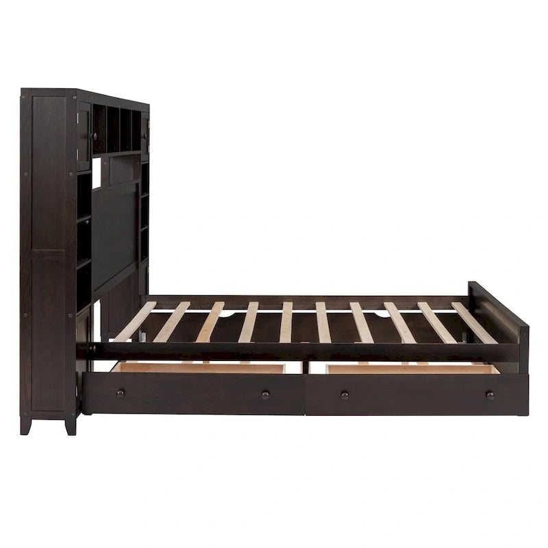 Cama Queen Size con almacenaje, nido, cajones y estantes en la cabecera, color espresso – Capacidad para 1–2 personas