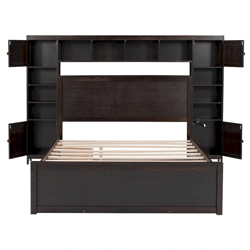 Cama Queen Size con almacenaje, nido, cajones y estantes en la cabecera, color espresso – Capacidad para 1–2 personas