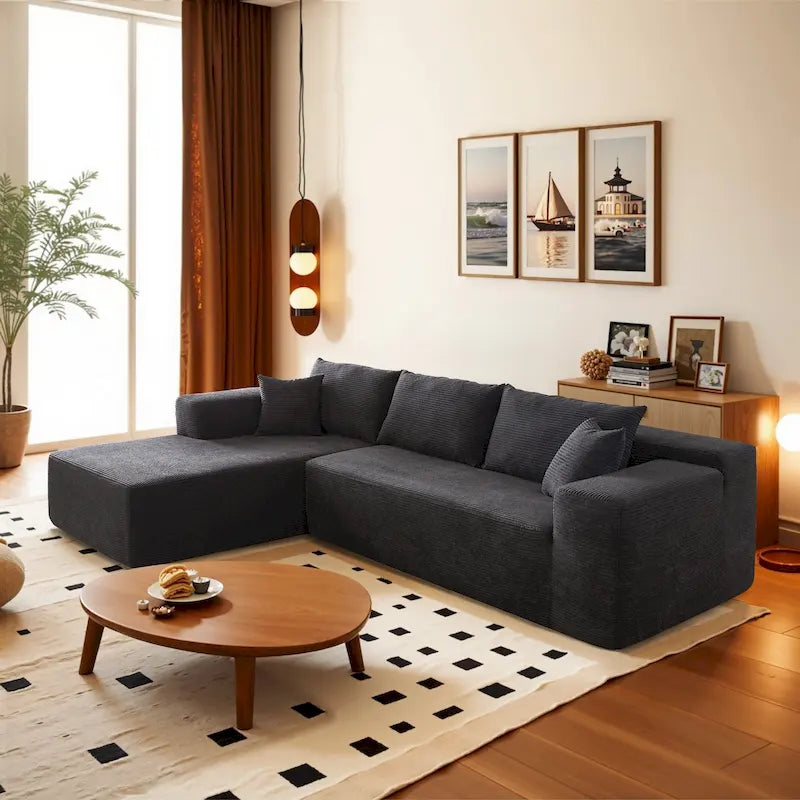 Sofá seccional de pana en forma de L de 4 plazas con chaise longue, color negro/gris/camel