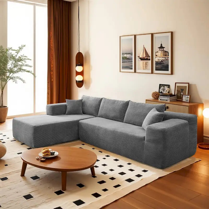 Sofá seccional de pana en forma de L de 4 plazas con chaise longue, color negro/gris/camel
