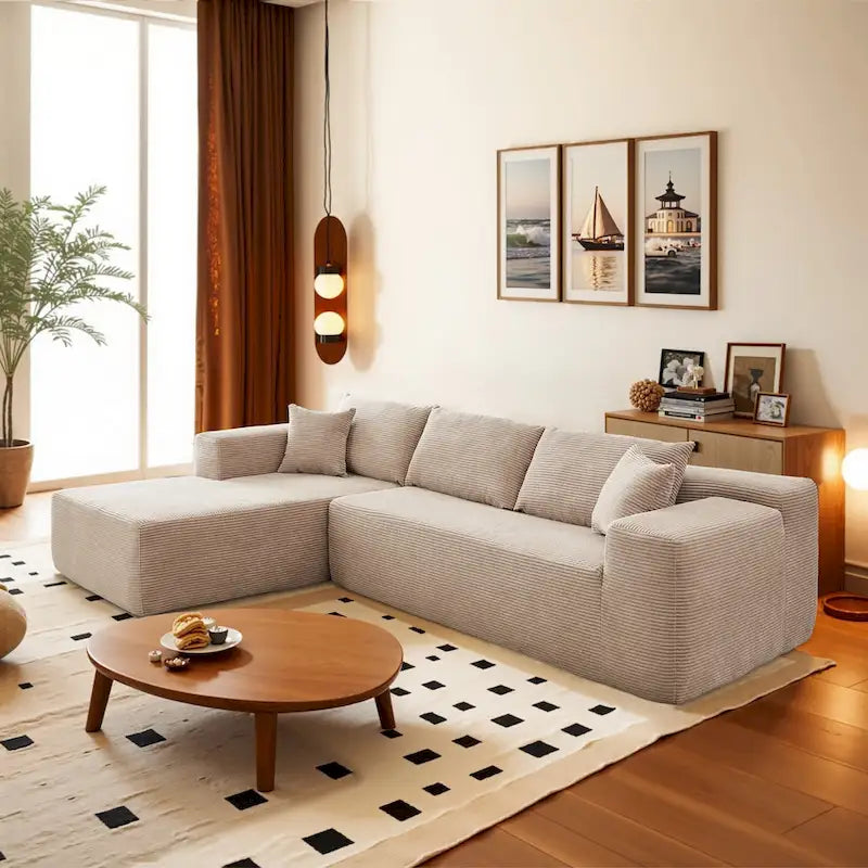 Sofá seccional de pana en forma de L de 4 plazas con chaise longue, color negro/gris/camel