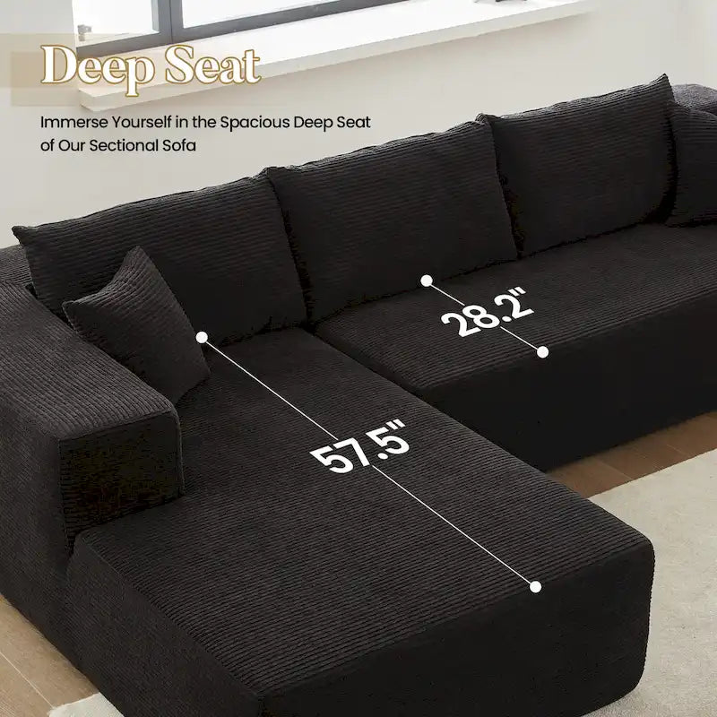 Sofá seccional de pana en forma de L de 4 plazas con chaise longue, color negro/gris/camel