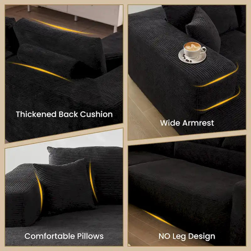 Sofá seccional de pana en forma de L de 4 plazas con chaise longue, color negro/gris/camel