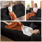 Sofá seccional de pana en forma de L de 4 plazas con chaise longue, color negro/gris/camel