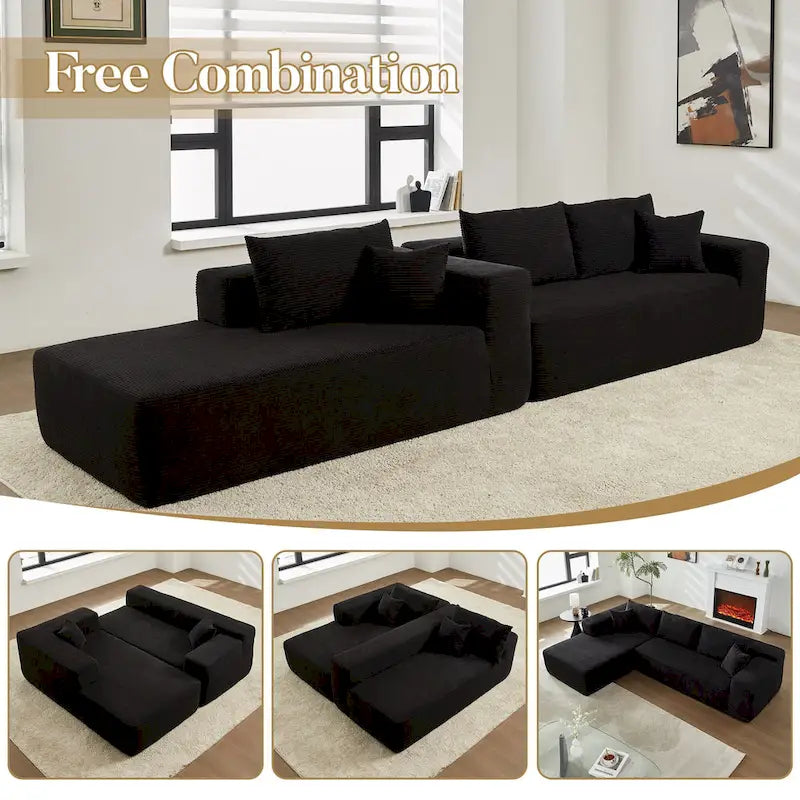 Sofá seccional de pana en forma de L de 4 plazas con chaise longue, color negro/gris/camel