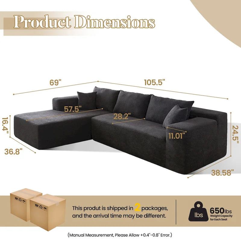 Sofá seccional de pana en forma de L de 4 plazas con chaise longue, color negro/gris/camel