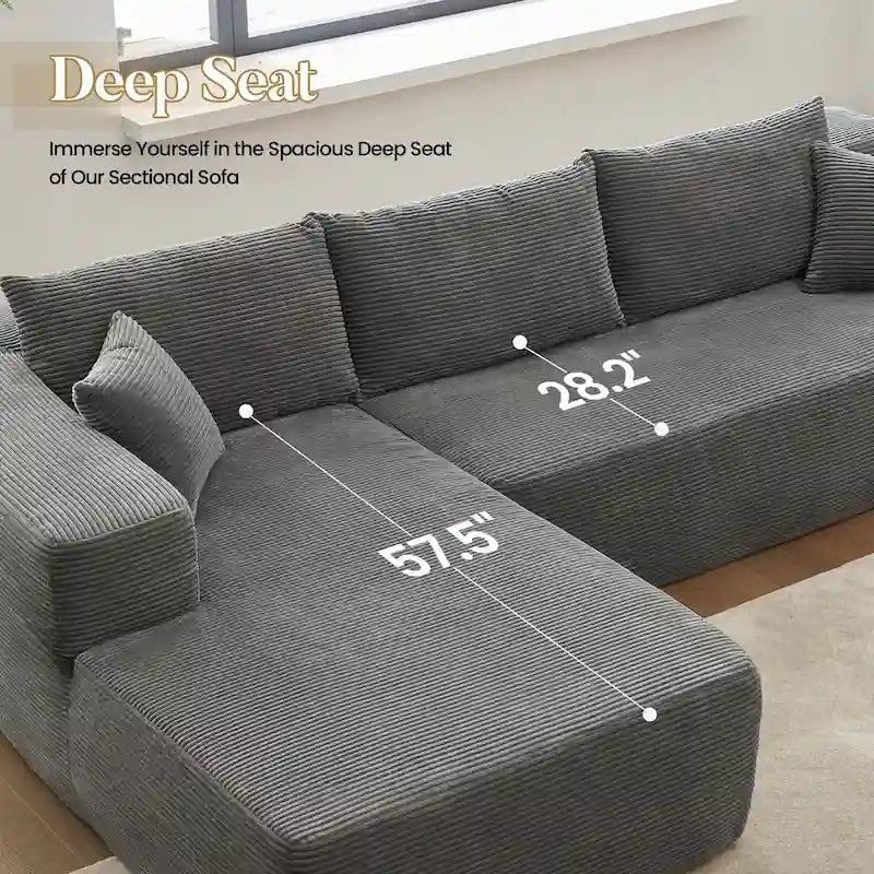 Sofá seccional de pana en forma de L de 4 plazas con chaise longue, color negro/gris/camel