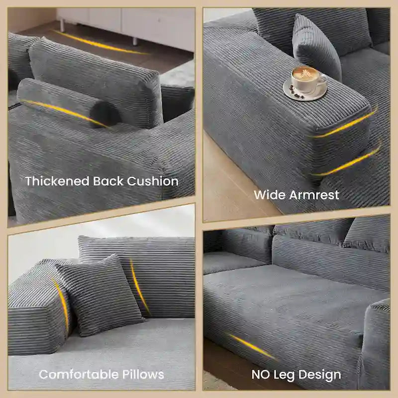 Sofá seccional de pana en forma de L de 4 plazas con chaise longue, color negro/gris/camel