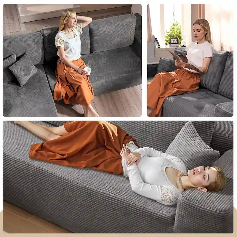 Sofá seccional de pana en forma de L de 4 plazas con chaise longue, color negro/gris/camel