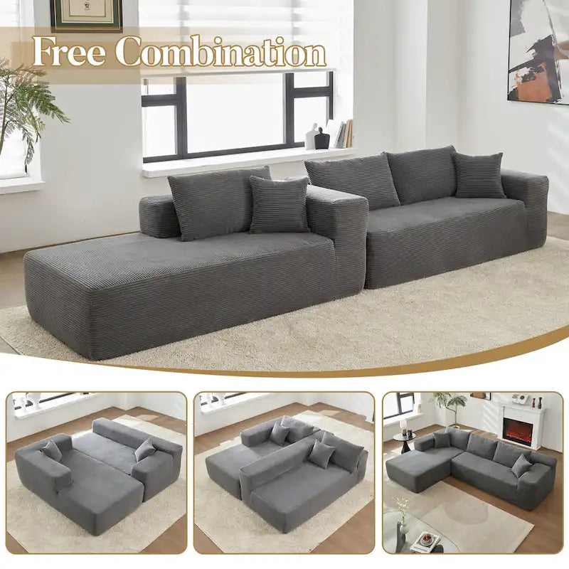 Sofá seccional de pana en forma de L de 4 plazas con chaise longue, color negro/gris/camel