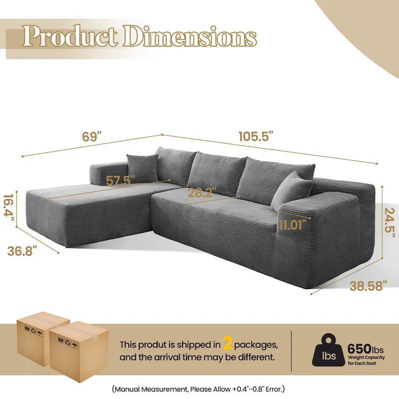 Sofá seccional de pana en forma de L de 4 plazas con chaise longue, color negro/gris/camel