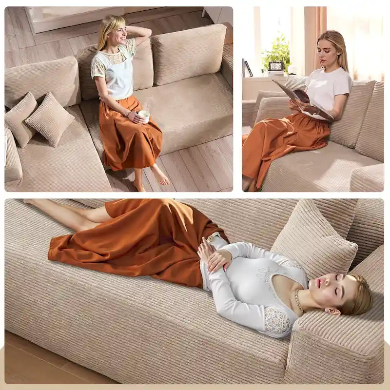 Sofá seccional de pana en forma de L de 4 plazas con chaise longue, color negro/gris/camel