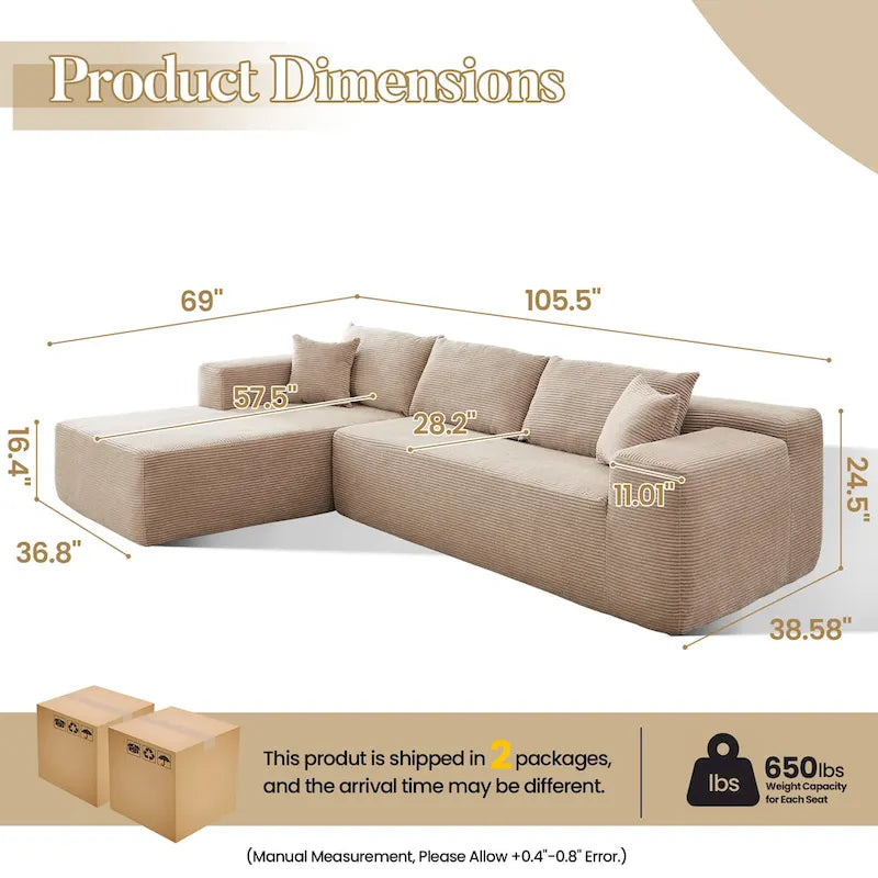Sofá seccional de pana en forma de L de 4 plazas con chaise longue, color negro/gris/camel