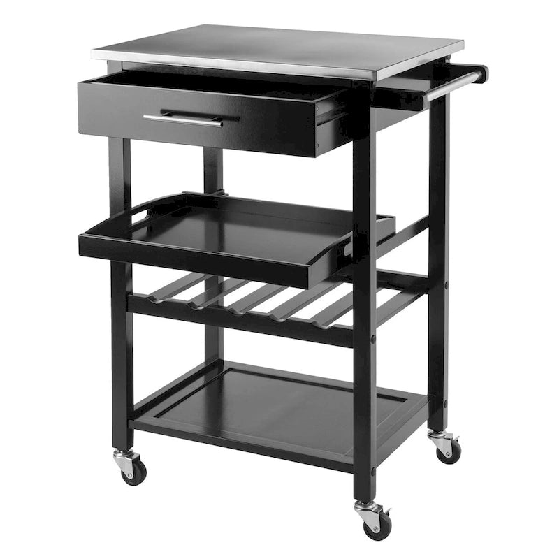 Carro de Cocina con Parte Superior de Acero Inoxidable Negro, Cajón, Botellero y Ruedas
