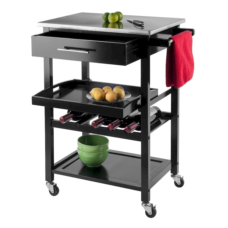 Carro de Cocina con Parte Superior de Acero Inoxidable Negro, Cajón, Botellero y Ruedas