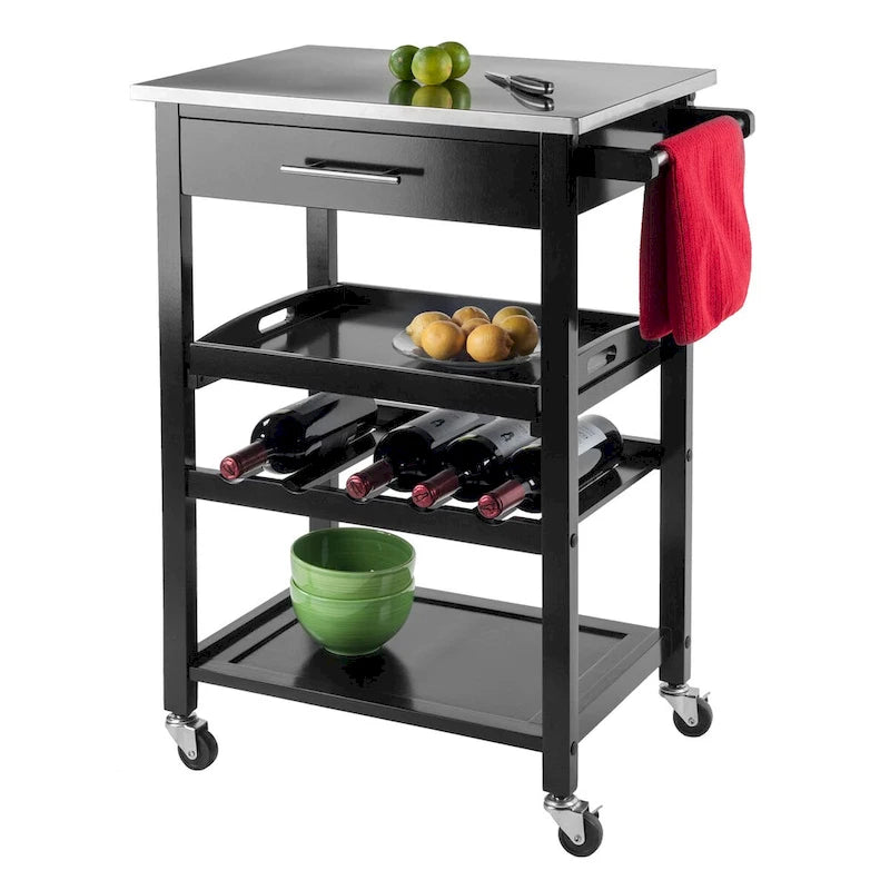 Carro de Cocina con Parte Superior de Acero Inoxidable Negro, Cajón, Botellero y Ruedas