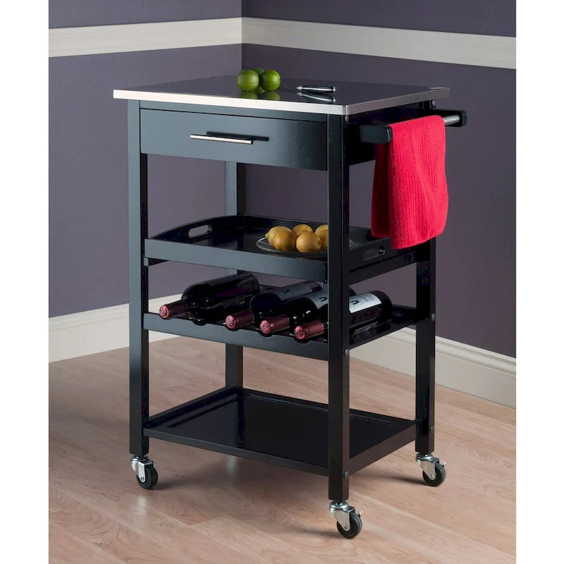Carro de Cocina con Parte Superior de Acero Inoxidable Negro, Cajón, Botellero y Ruedas