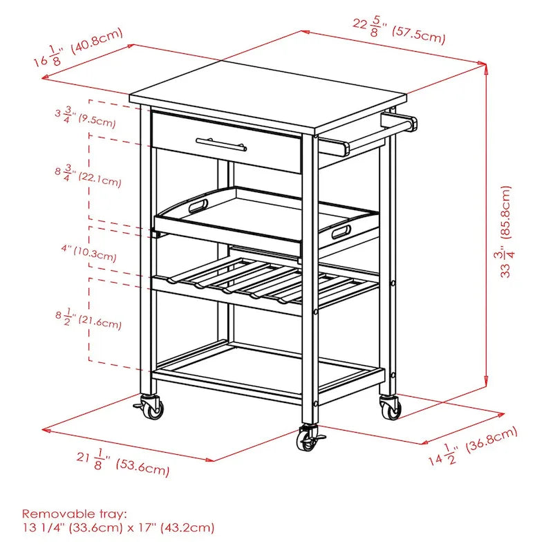Carro de Cocina con Parte Superior de Acero Inoxidable Negro, Cajón, Botellero y Ruedas