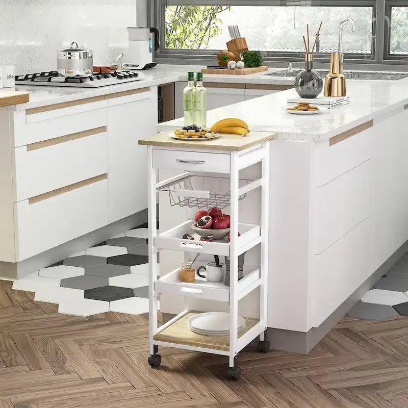 Rolling Kitchen Island w/ Storage, Wire Fruit Baskets, Trays & Drawer