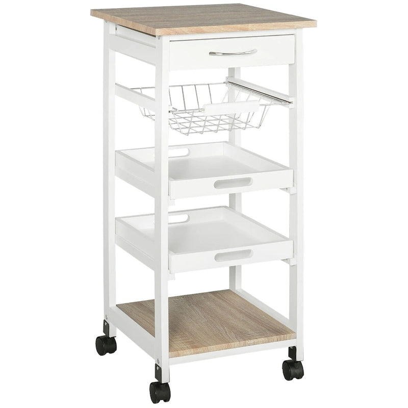 Carrito de cocina blanco con ruedas, cestas de metal y cajón – 1 persona