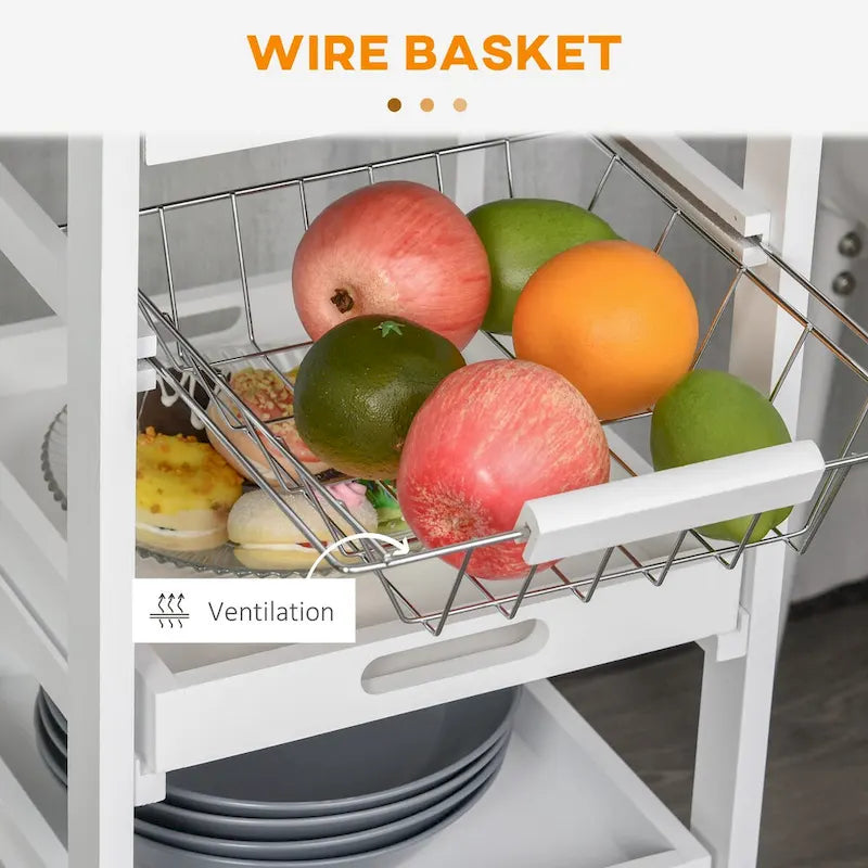Carrito de cocina blanco con ruedas, cestas de metal y cajón – 1 persona