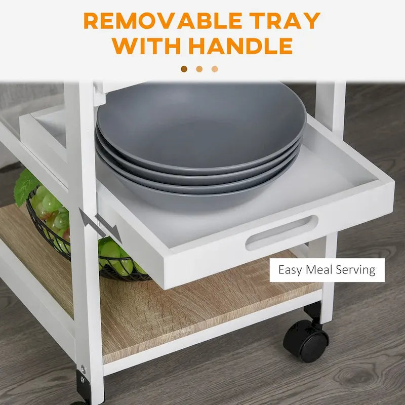 Carrito de cocina blanco con ruedas, cestas de metal y cajón – 1 persona