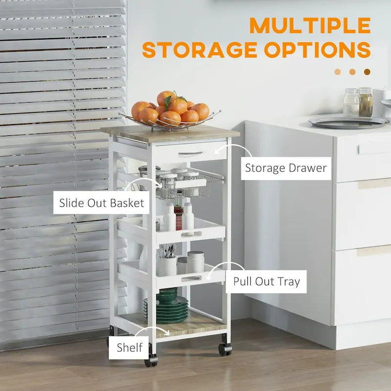 Carrito de cocina blanco con ruedas, cestas de metal y cajón – 1 persona