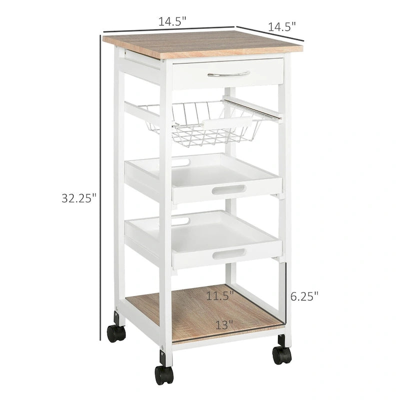 Carrito de cocina blanco con ruedas, cestas de metal y cajón – 1 persona