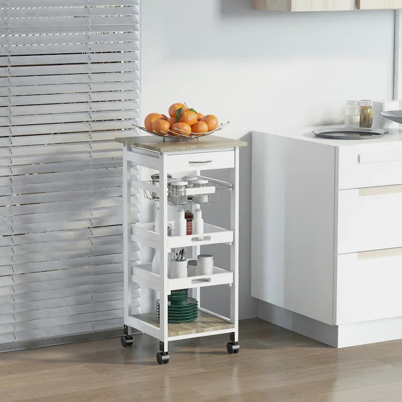 Carrito de cocina blanco con ruedas, cestas de metal y cajón – 1 persona