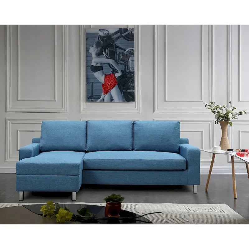 Sofá Seccional Cama de Lino de 3 Plazas con Chaise, Sleeper, Orientado a la Izquierda, Gris/Azul/Beige