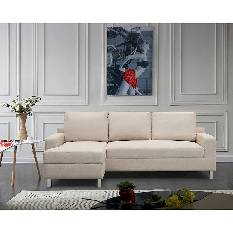 Sofá Seccional Cama de Lino de 3 Plazas con Chaise, Sleeper, Orientado a la Izquierda, Gris/Azul/Beige