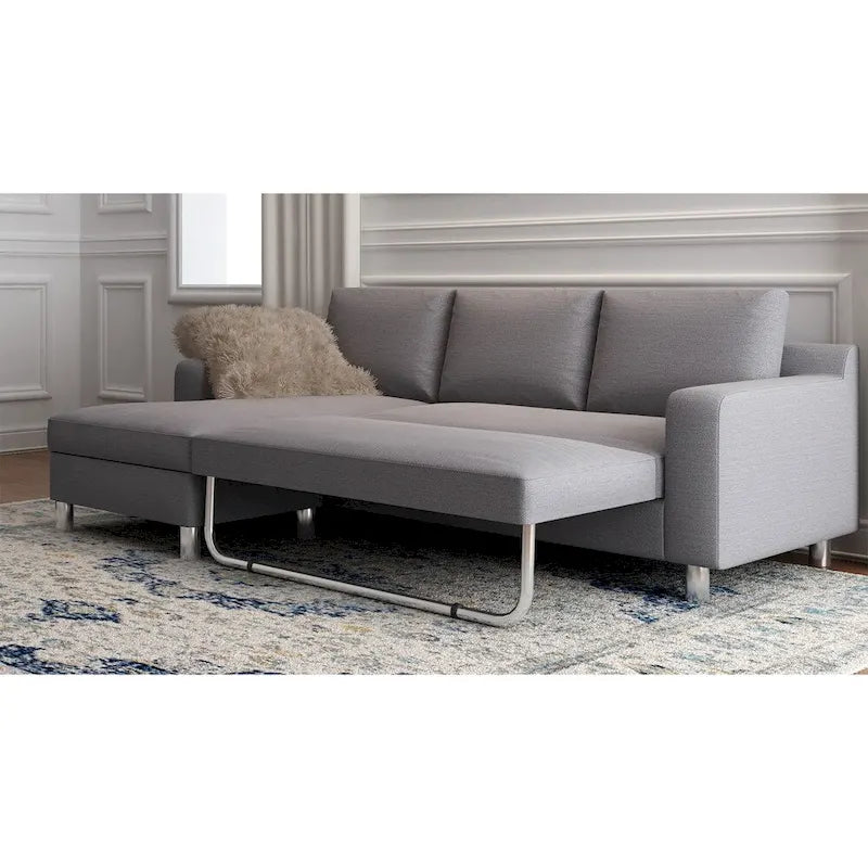 Sofá Seccional Cama de Lino de 3 Plazas con Chaise, Sleeper, Orientado a la Izquierda, Gris/Azul/Beige