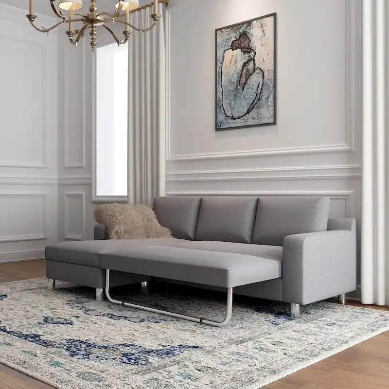 Sofá Seccional Cama de Lino de 3 Plazas con Chaise, Sleeper, Orientado a la Izquierda, Gris/Azul/Beige