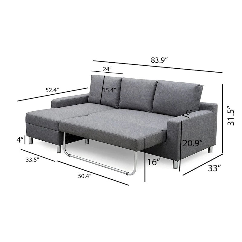 Sofá Seccional Cama de Lino de 3 Plazas con Chaise, Sleeper, Orientado a la Izquierda, Gris/Azul/Beige