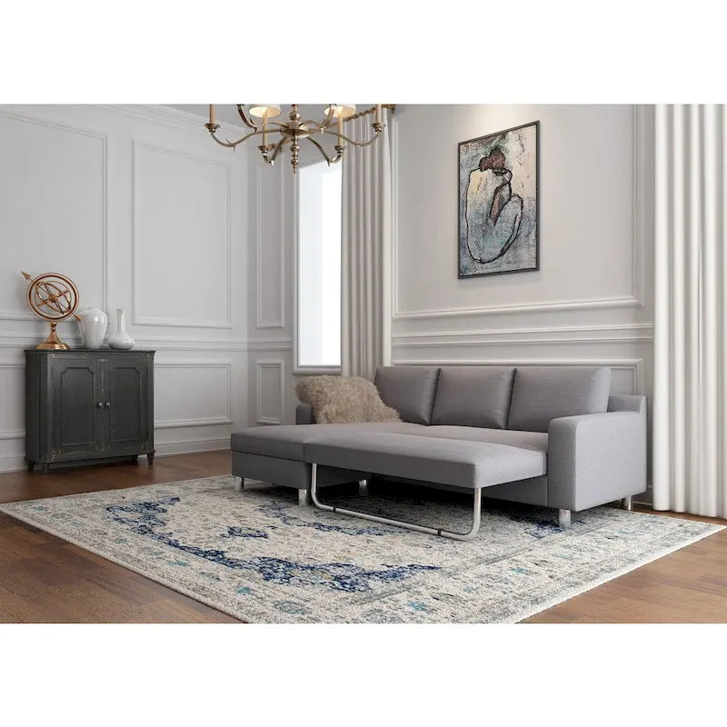 Sofá Seccional Cama de Lino de 3 Plazas con Chaise, Sleeper, Orientado a la Izquierda, Gris/Azul/Beige