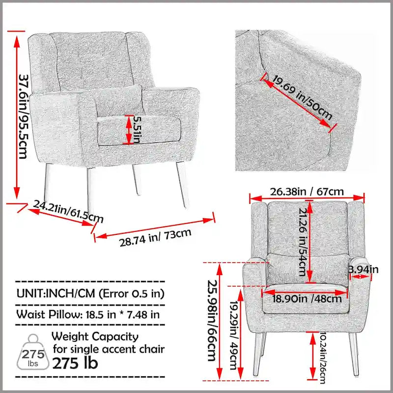 Sillón Acento Mid-Century con Cojín Lumbar, Asiento Individual, Varios Colores