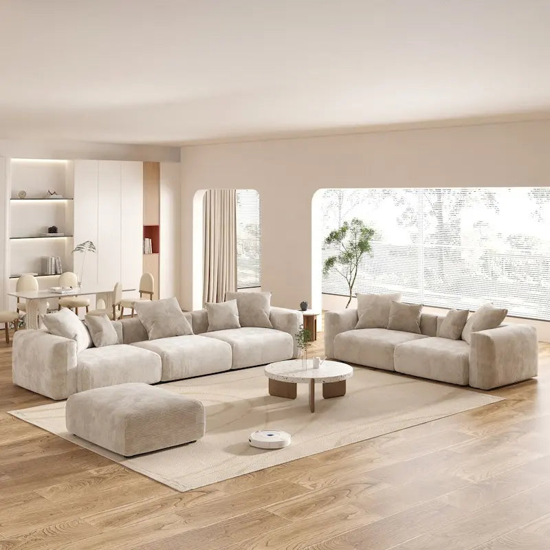 Juego de sofá seccional modular de pana beige/negro/marrón claro, con capacidad para 3-4 personas