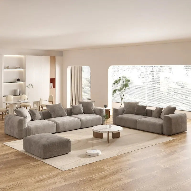 Juego de sofá seccional modular de pana beige/negro/marrón claro, con capacidad para 3-4 personas
