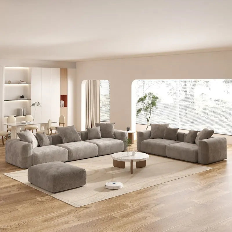 Juego de sofá seccional modular de pana beige/negro/marrón claro, con capacidad para 3-4 personas