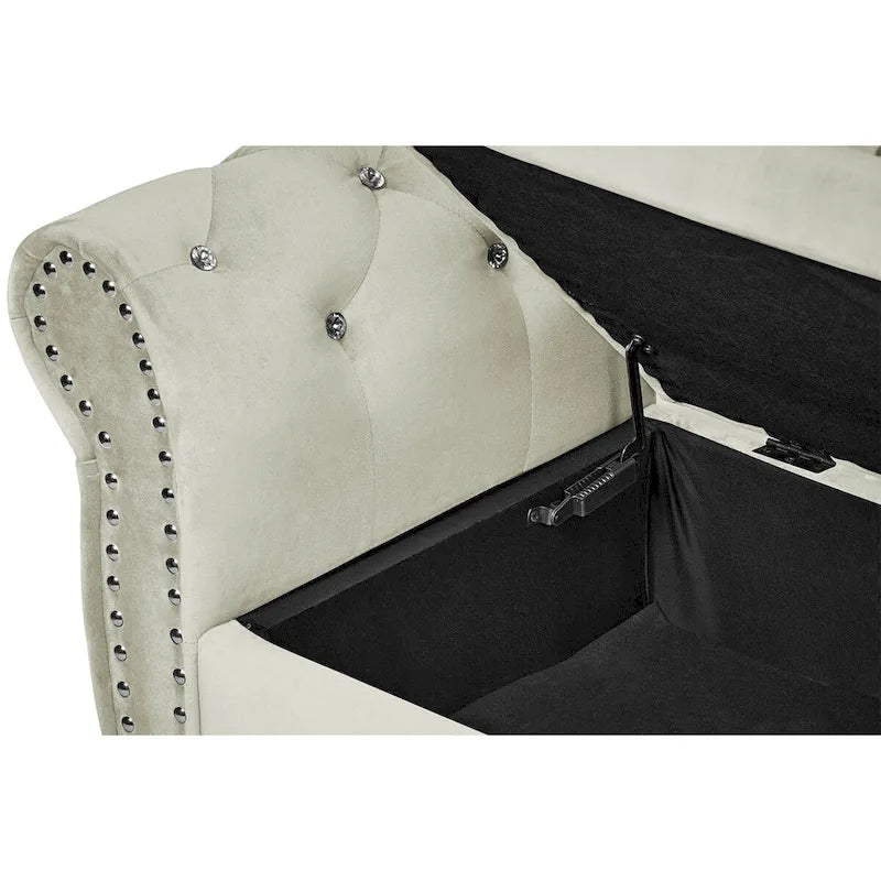Banca otomana de almacenamiento de terciopelo con reposabrazos, 2 asientos - Azul / Negro / Rosa / Gris oscuro / Beige