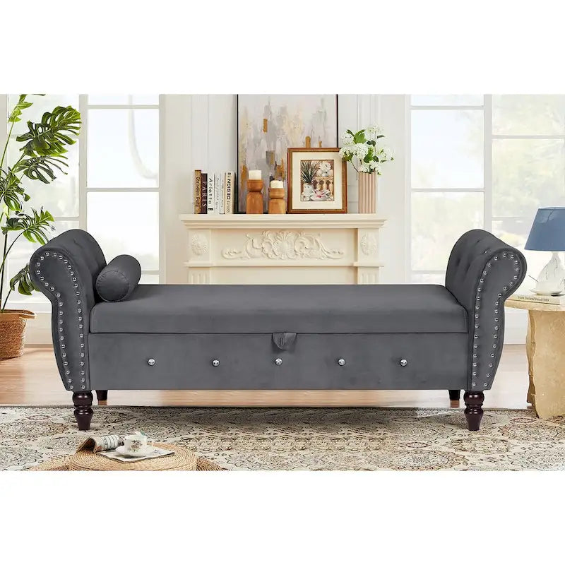 Banca otomana de almacenamiento de terciopelo con reposabrazos, 2 asientos - Azul / Negro / Rosa / Gris oscuro / Beige
