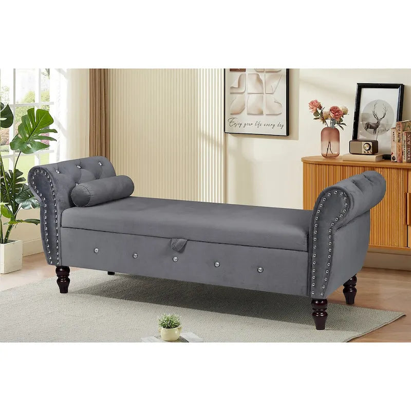 Banca otomana de almacenamiento de terciopelo con reposabrazos, 2 asientos - Azul / Negro / Rosa / Gris oscuro / Beige